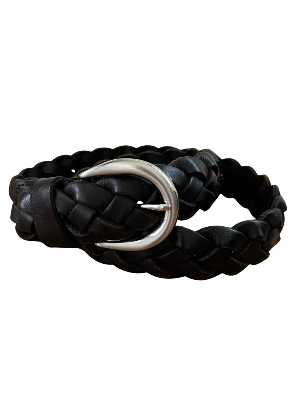 Lands End Black Braided Leather Belt Silver Buckle 42” Casual Woven